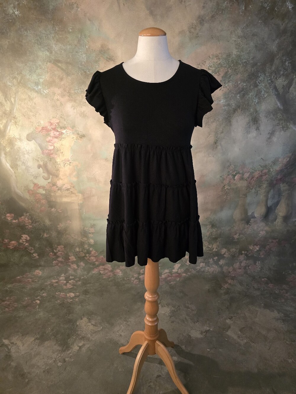 Zenana Black Toered Babydoll Dress Ruffle Flutter Sleeves S